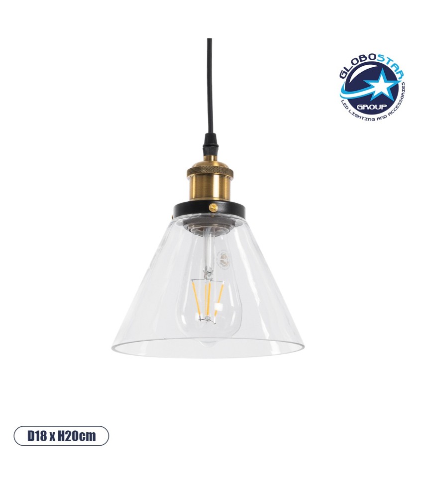 GLOBOSTAR® BINGLEY 01169 Vintage Κρεμαστό Φωτιστικό Οροφής με Ντουί 1 x E27 AC 220-240V IP20 - Διάφανο & Χρυσό - Μ18 x Π18 x Υ20cm